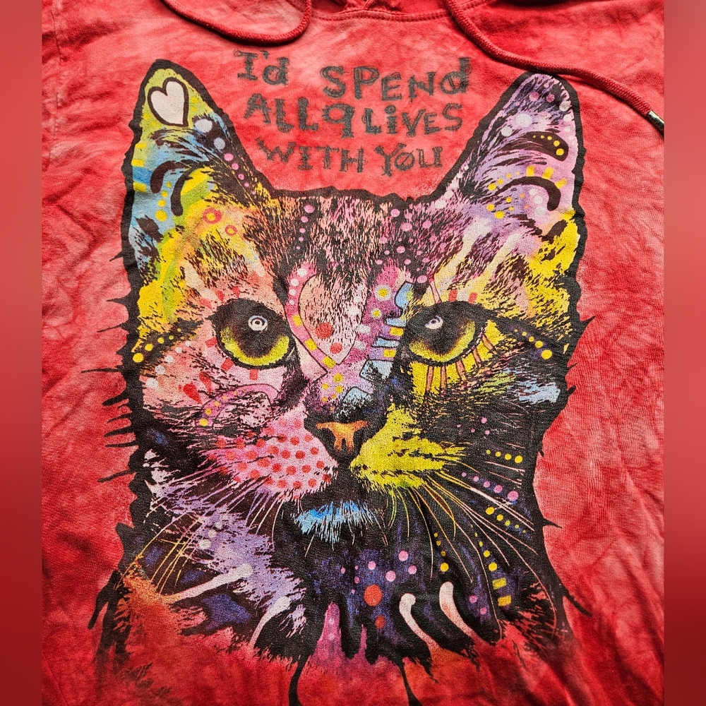 The Mountain 9 Lives Cat Hoodie Medium Red Tie Dye